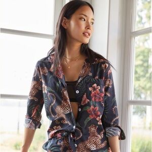 Desmond & Dempsey Pajama Top Size XS Leopard Print LS Button Down EUC